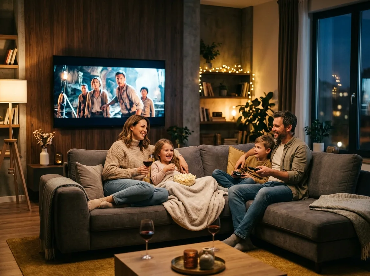 Happy family watching 4K movies and live sports on TV using EZStream