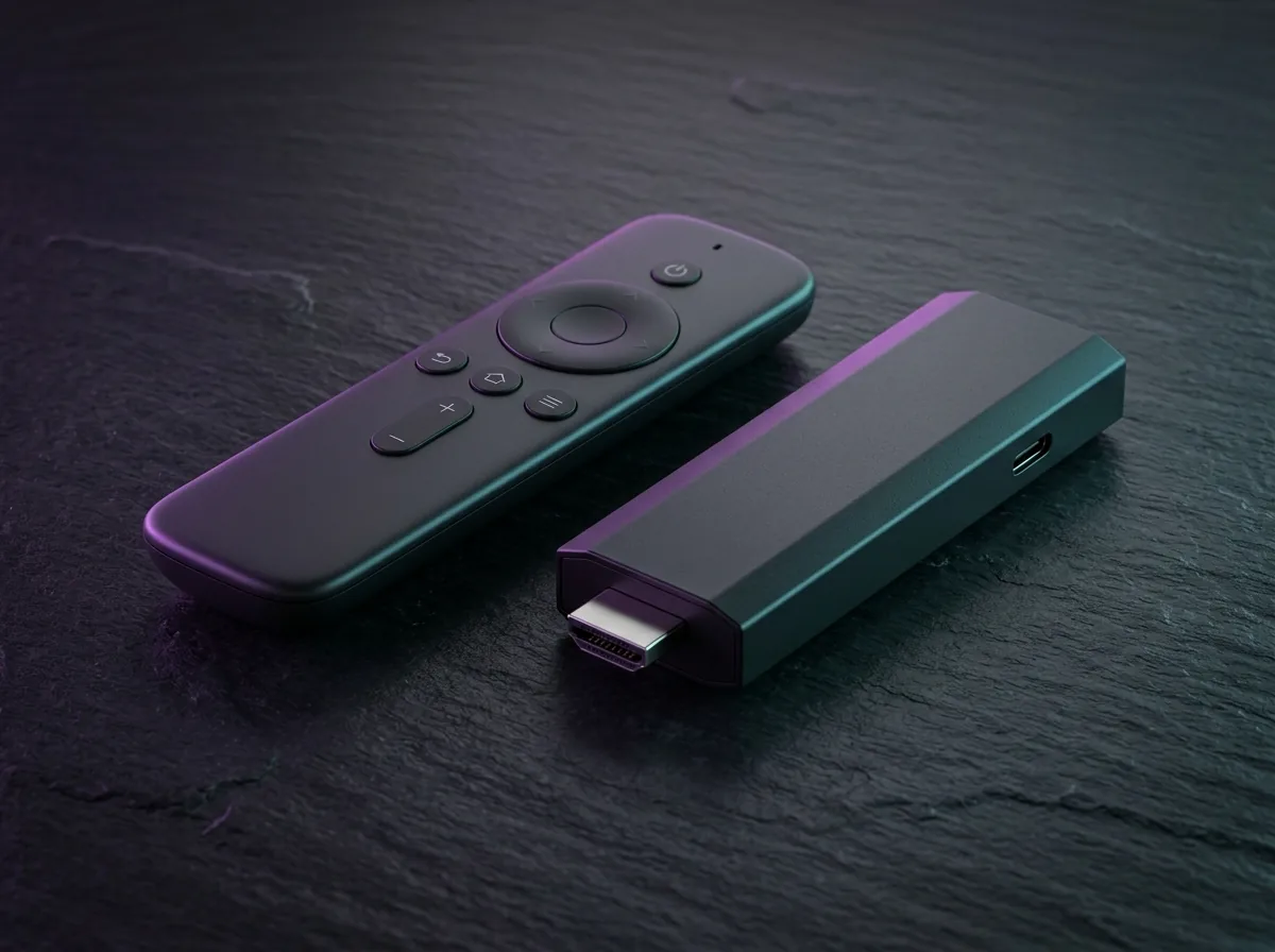 EZStream streaming stick and ergonomic remote control on dark slate surface