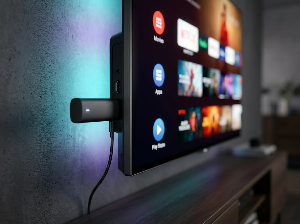 EZStream sleek matte black 4K streaming stick plugged into TV HDMI port