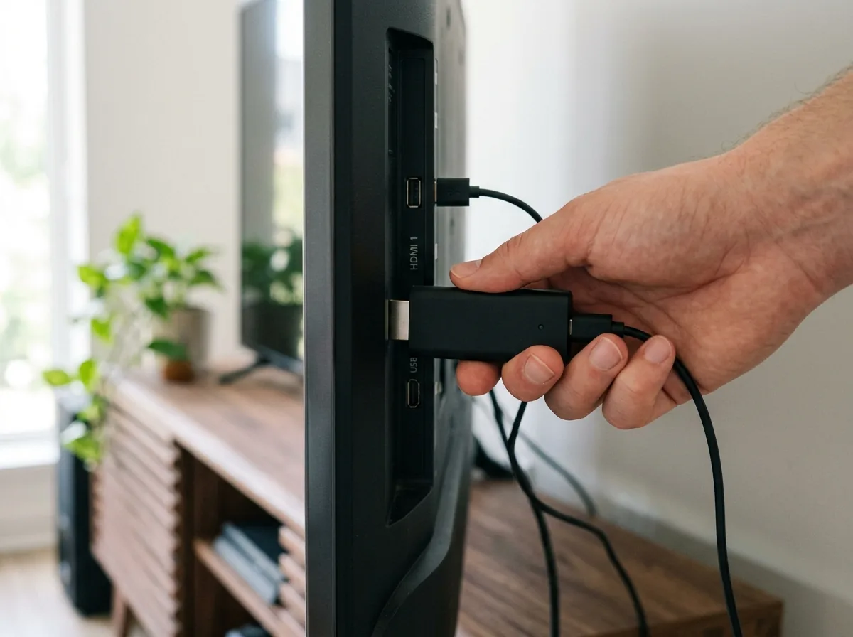 Hands inserting EZStream stick into TV HDMI port
