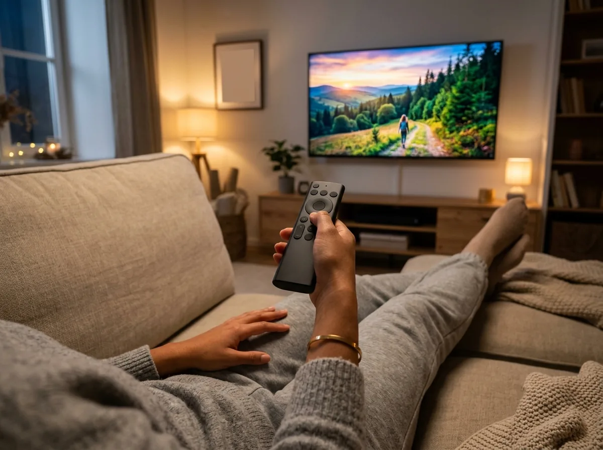 Person relaxing on couch holding remote control streaming 4K entertainment